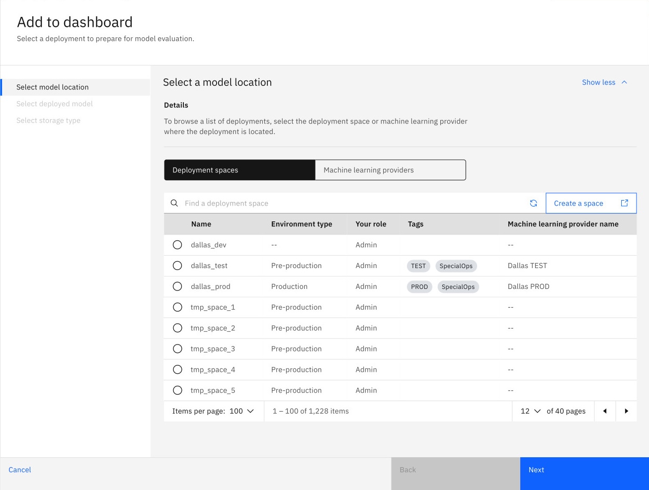 Select model location screen